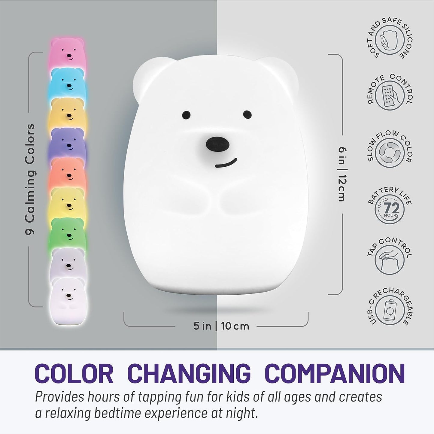 Bear Night Light - Remote Control Silicone Lamp with 9 Soft Colors & Sleep Timer - Rechargeable & Battery-Operated for Kids' Bedrooms & Nurseries