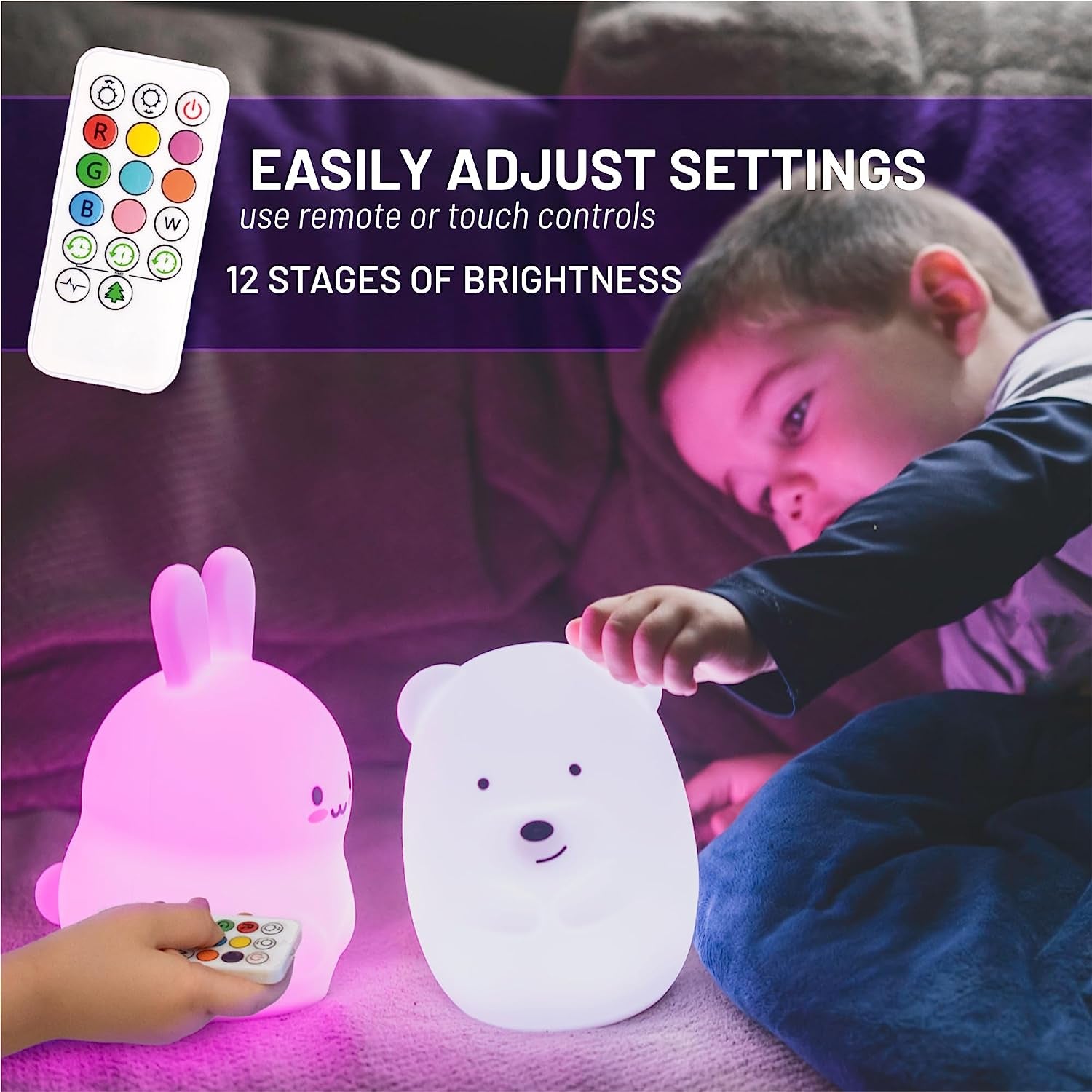Bear Night Light - Remote Control Silicone Lamp with 9 Soft Colors & Sleep Timer - Rechargeable & Battery-Operated for Kids' Bedrooms & Nurseries