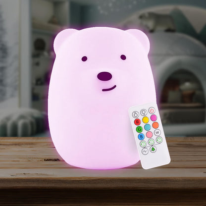 Bear Night Light - Remote Control Silicone Lamp with 9 Soft Colors & Sleep Timer - Rechargeable & Battery-Operated for Kids' Bedrooms & Nurseries